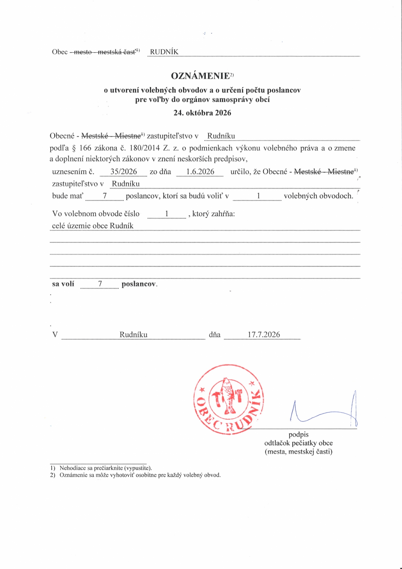 Oznámenie o utvorení volebných obvodov a o určení počtu poslancov pre voľby do orgánov samosprávy obcí 24. októbra 2026